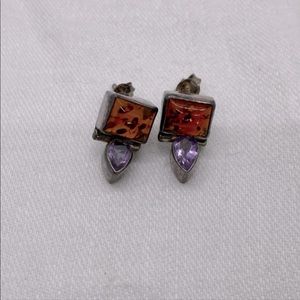 Amazing vintage/antique amber (with inclusions) and amythest 925 earrings